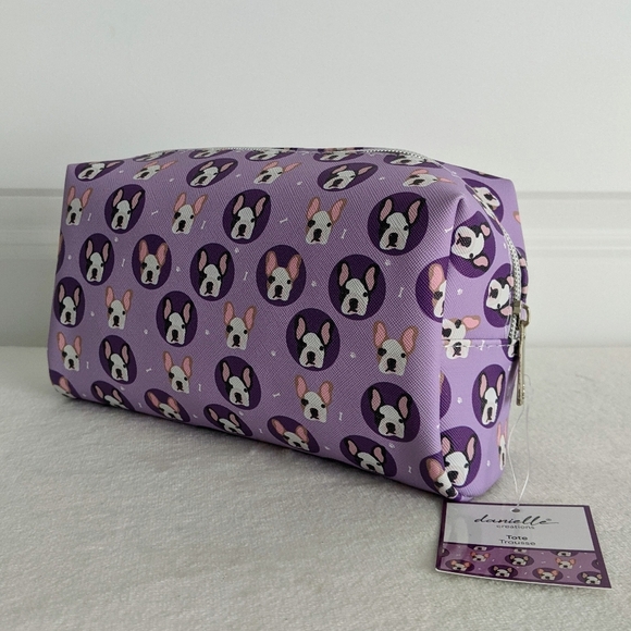 Boston Terrier Frenchie Cosmetic Bag Case Saffiano Vinyl Purple Lined NWT - Picture 5 of 13